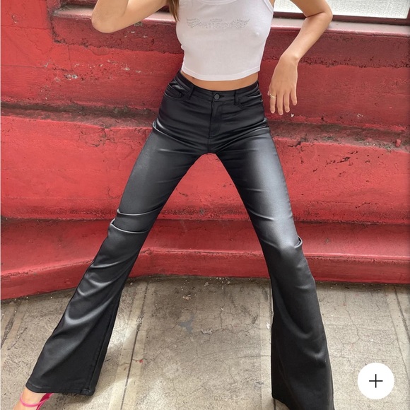 Edikted Pants - Edikted Luna Faux Leather Flare Jeans Black